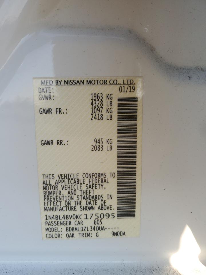 2019 Nissan Altima VIN 1N4BL4BV0KC175095 Copart auction photo, front end / minor dent/scratches damage thumbnail 12