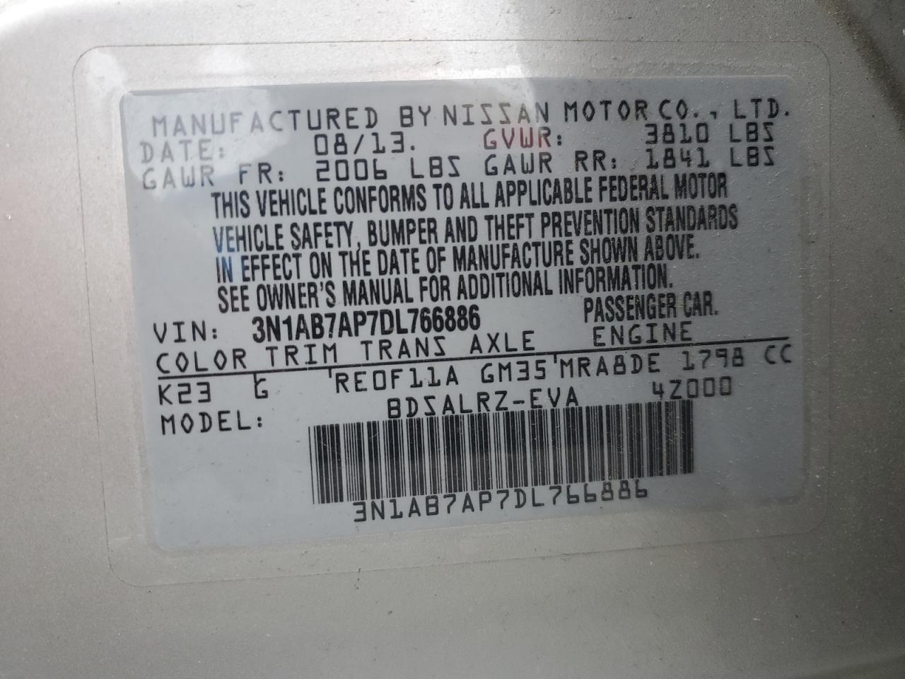 2013 Nissan Sentra VIN 3N1AB7AP7DL766886 Copart auction photo, front end / minor dent/scratches damage thumbnail 12