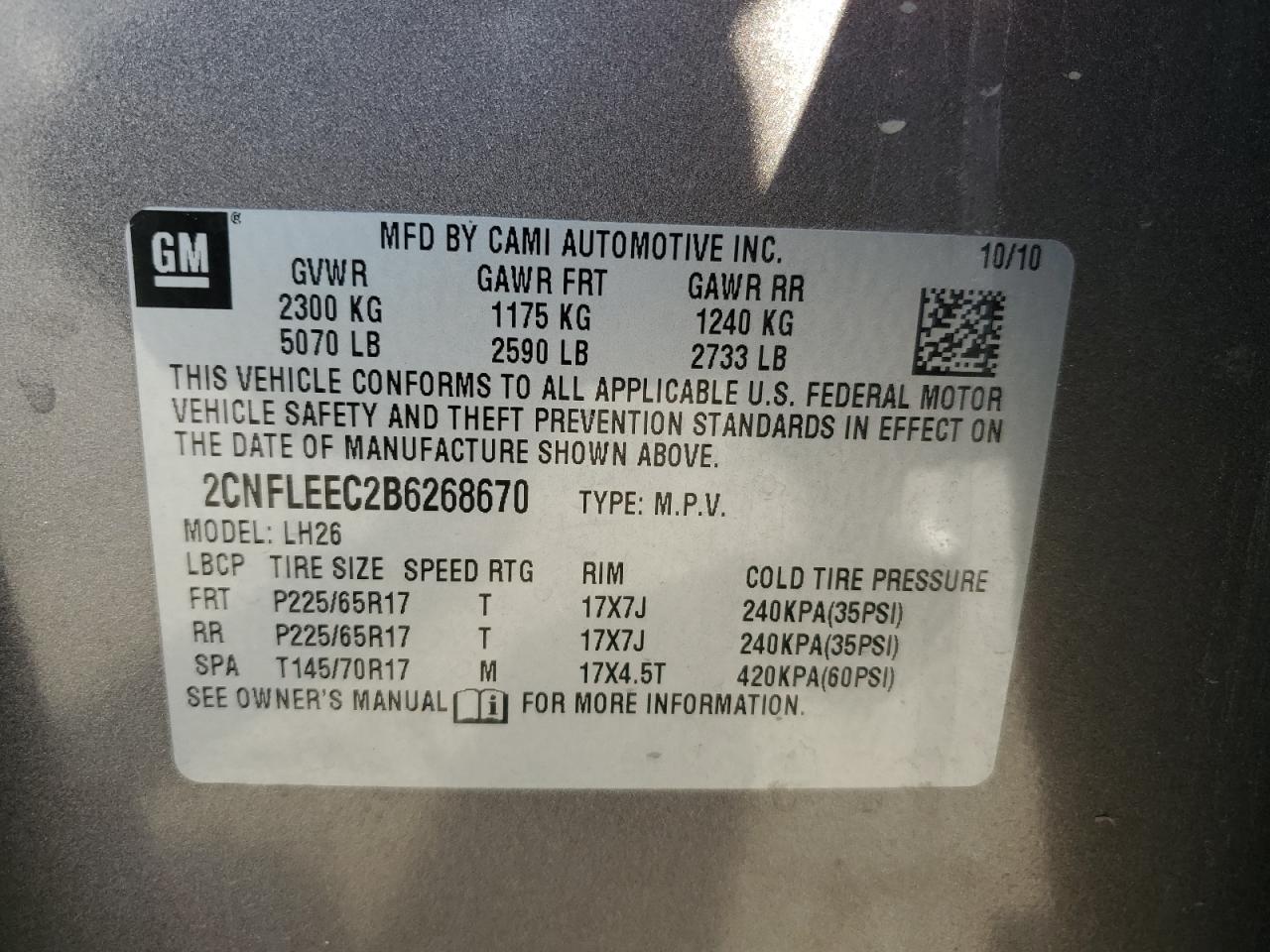 2011 Chevrolet Equinox VIN 2CNFLEEC2B6268670 Copart auction photo, front end / side damage thumbnail 14