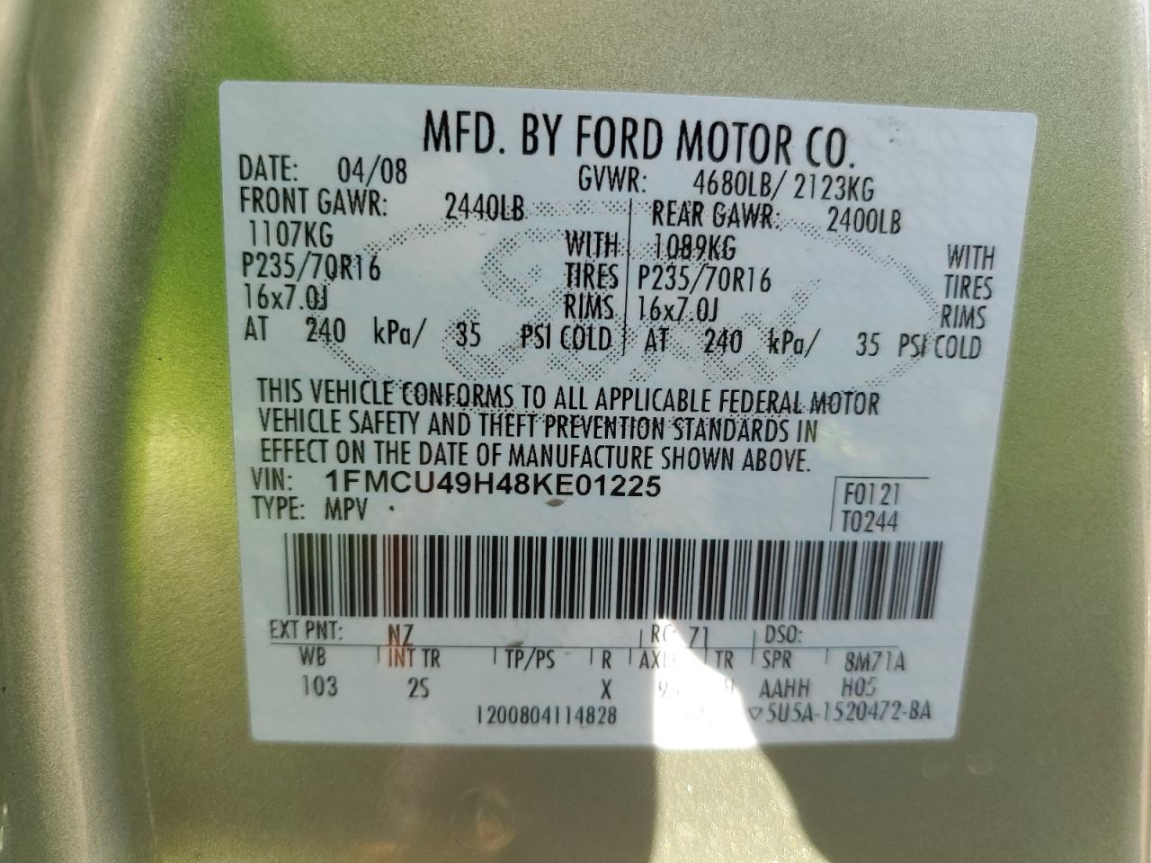 2008 Ford Escape VIN 1FMCU49H48KE01225 Copart auction photo, front end / side damage thumbnail 13