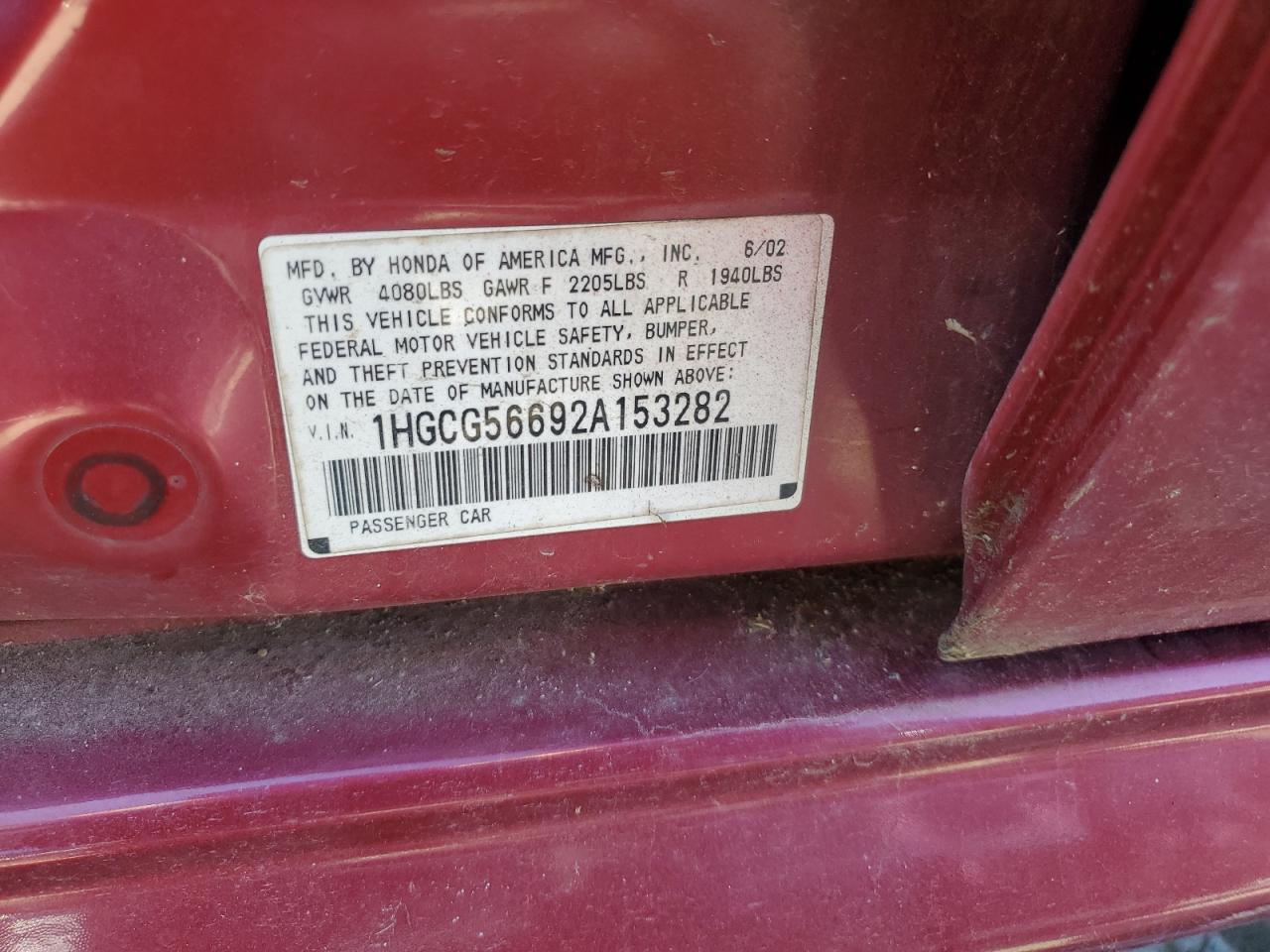2002 Honda Accord VIN 1HGCG56692A153282 Copart auction photo, minor dent/scratches damage thumbnail 12