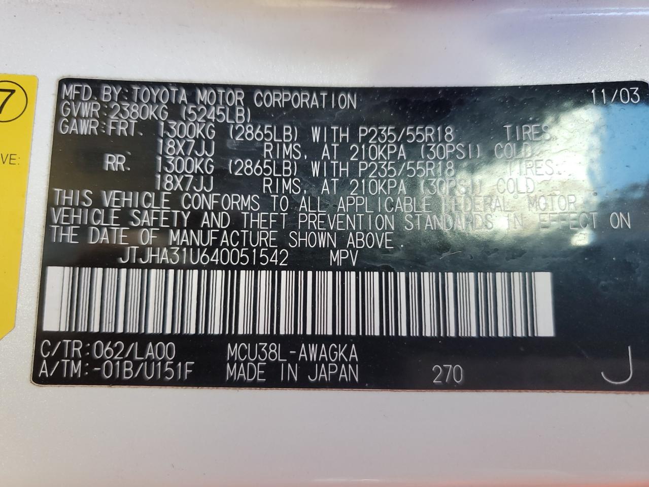 2004 Lexus RX VIN JTJHA31U640051542 Copart auction photo, front end damage thumbnail 13