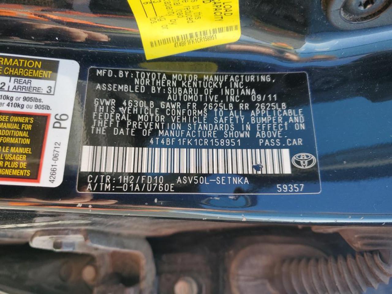 2012 Toyota Camry VIN 4T4BF1FK1CR158951 Copart auction photo, front end / side damage thumbnail 13