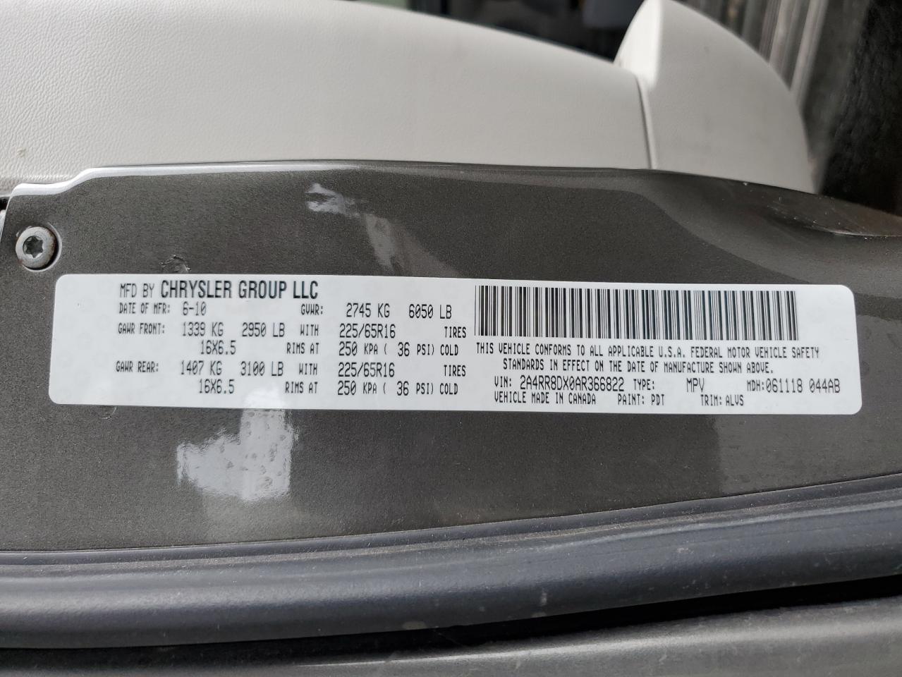 2010 Chrysler Town & Country VIN 2A4RR8DX0AR366822 Copart auction photo, front end damage thumbnail 13
