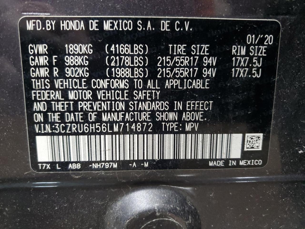 2020 Honda HR-V VIN 3CZRU6H56LM714872 Copart auction photo, front end damage thumbnail 13