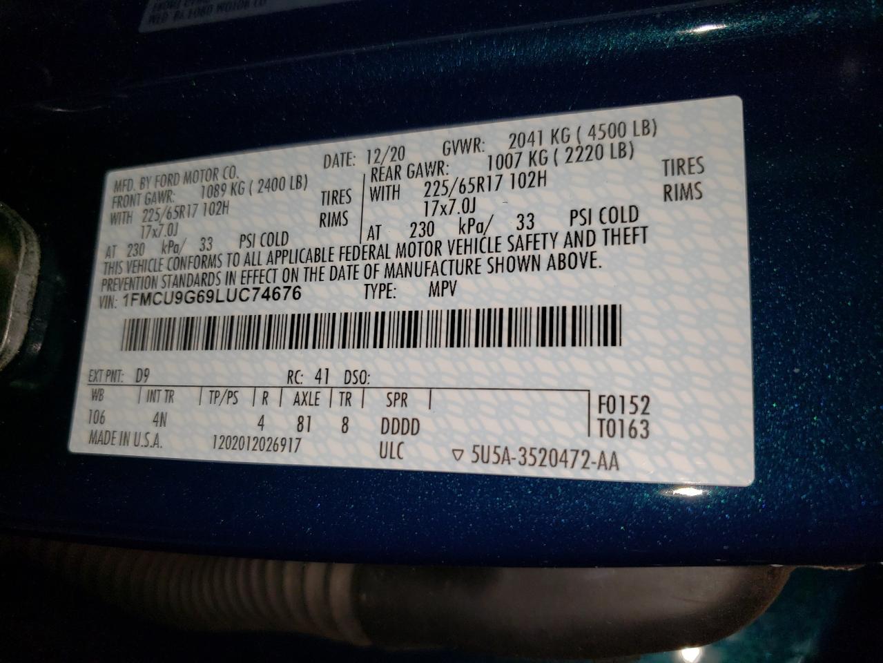 2020 Ford Escape VIN 1FMCU9G69LUC74676 Copart auction photo, all over / undercarriage damage thumbnail 14