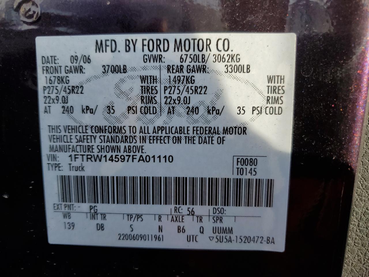 2007 Ford F-150 VIN 1FTRW14597FA01110 Copart auction photo, front end / rear end damage thumbnail 12