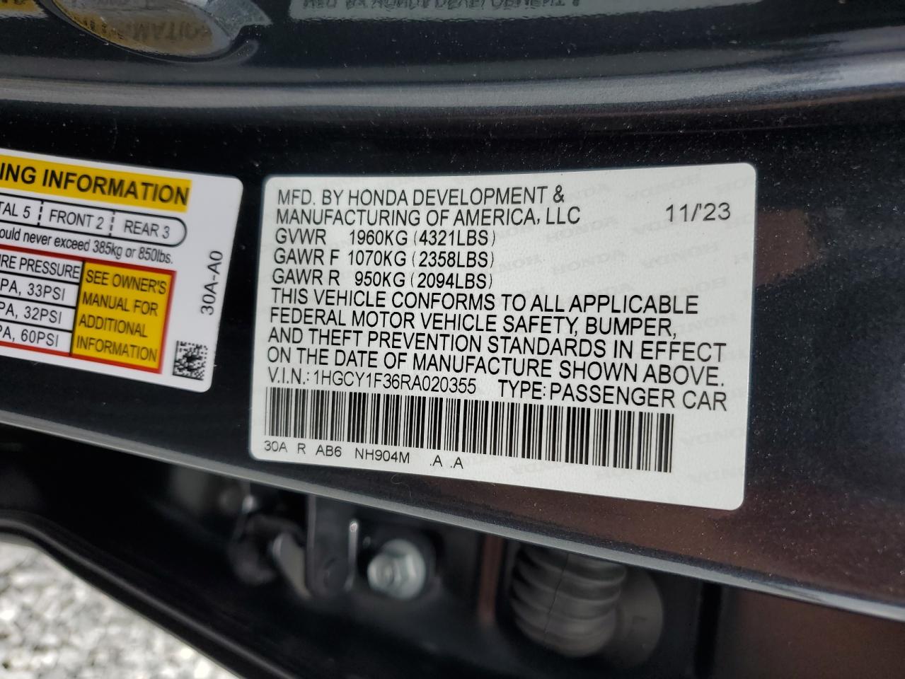 2024 Honda Accord VIN 1HGCY1F36RA020355 Copart auction photo, all over / mechanical damage thumbnail 12