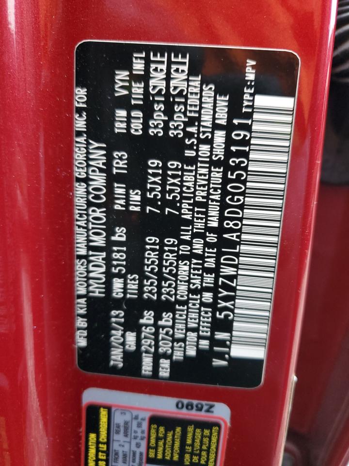 2013 Hyundai Santa Fe VIN 5XYZWDLA8DG053191 Copart auction photo, front end / side damage thumbnail 13