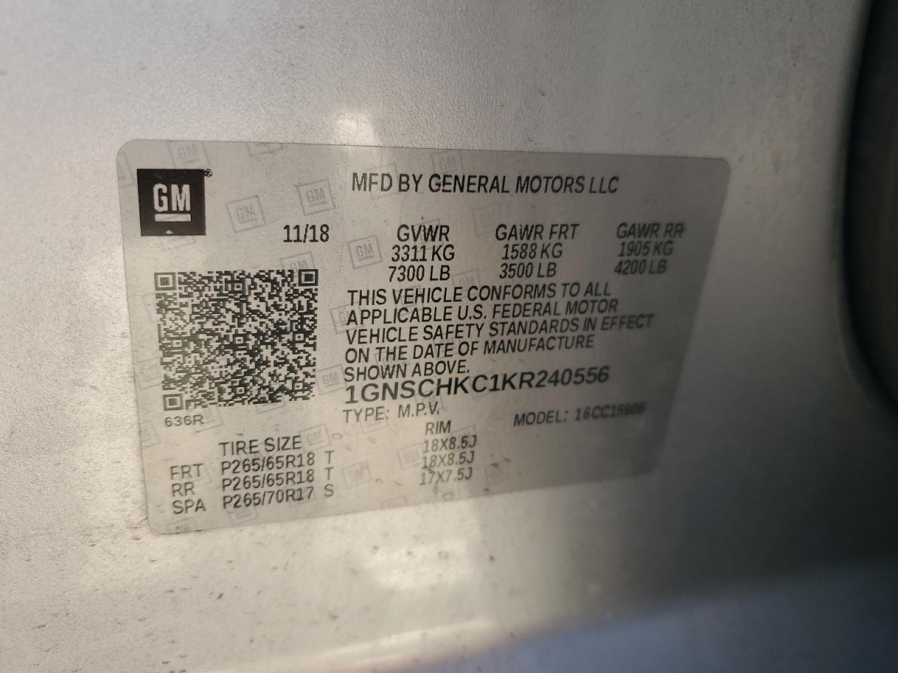 2019 Chevrolet Suburban VIN 1GNSCHKC1KR240556 Copart auction photo, front end damage thumbnail 13