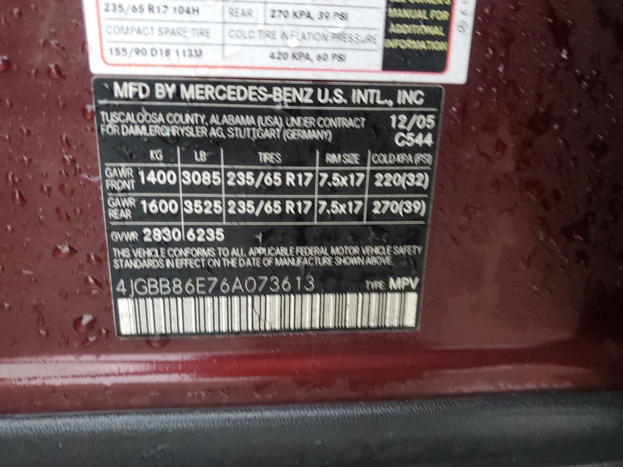 2006 Mercedes-Benz M-klasse VIN 4JGBB86E76A073613 Copart auction photo, front end damage thumbnail 12