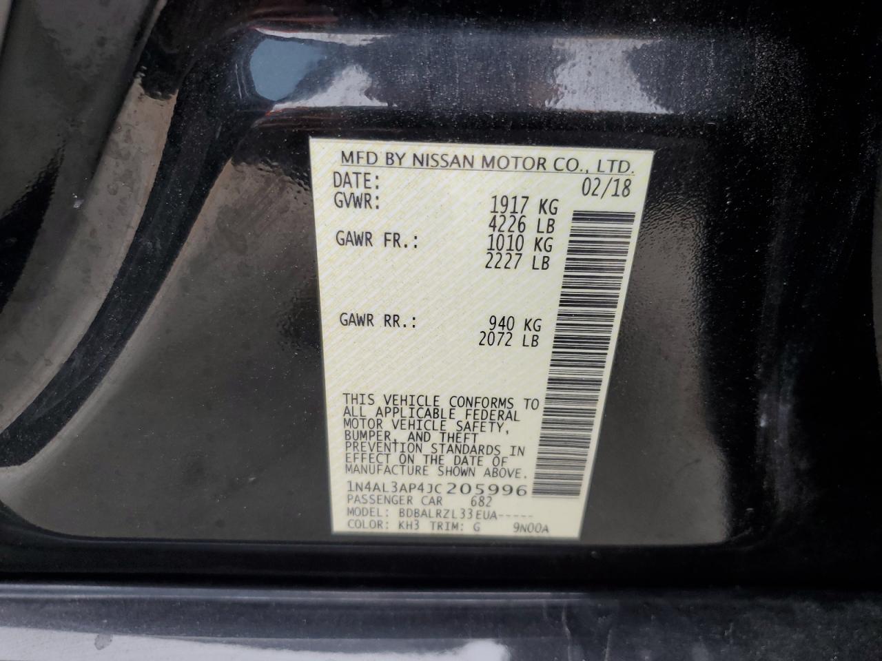 2018 Nissan Altima VIN 1N4AL3AP4JC205996 Copart auction photo, rear end / minor dent/scratches damage thumbnail 12