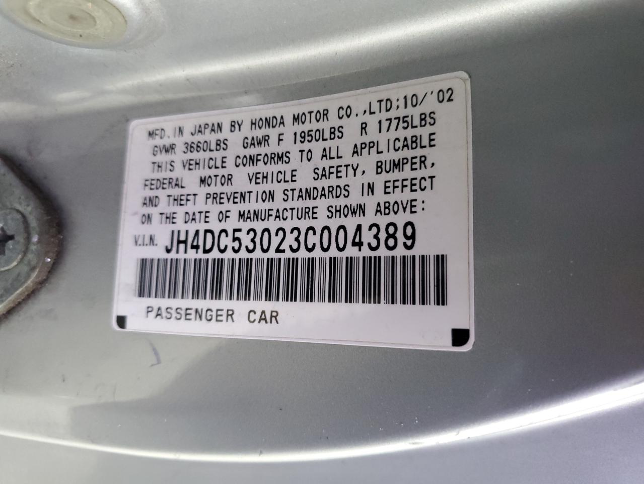 2003 Acura RSX VIN JH4DC53023C004389 Copart auction photo, front end / side damage thumbnail 14