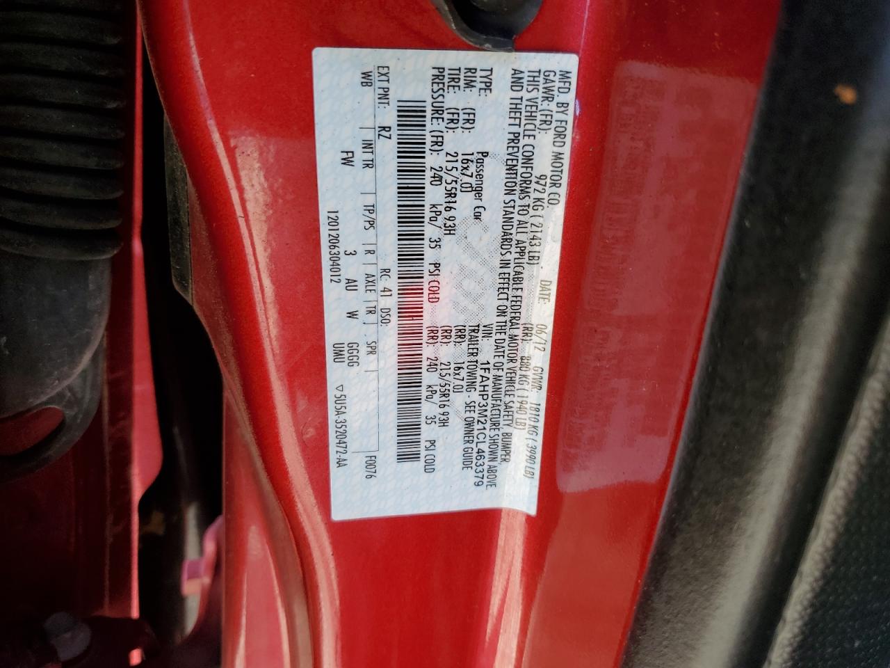 2012 Ford Focus VIN 1FAHP3M21CL463379 Copart auction photo, side / rear end damage thumbnail 15