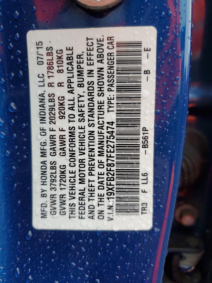 2015 Honda Civic VIN 19XFB2F87FE275474 Copart auction photo, front end damage thumbnail 13
