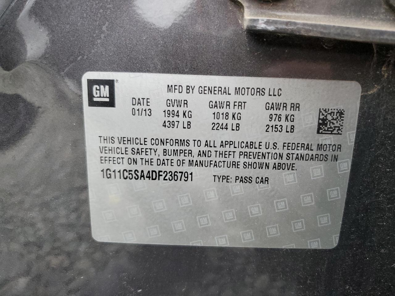 2013 Chevrolet Malibu VIN 1G11C5SA4DF236791 Copart auction photo, side damage thumbnail 12
