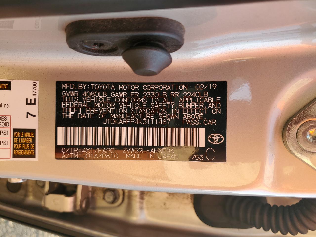 2019 Toyota Prius VIN JTDKARFP4K3111487 Copart auction photo, front end / minor dent/scratches damage thumbnail 14