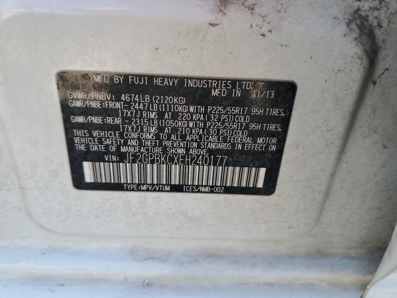 2014 Subaru XV VIN JF2GPBKCXEH240177 Copart auction photo, rear end / rear end damage thumbnail 12
