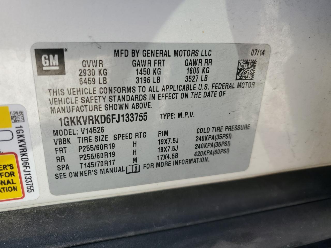 2015 GMC Acadia VIN 1GKKVRKD6FJ133755 Copart auction photo, rear end / front end damage thumbnail 14