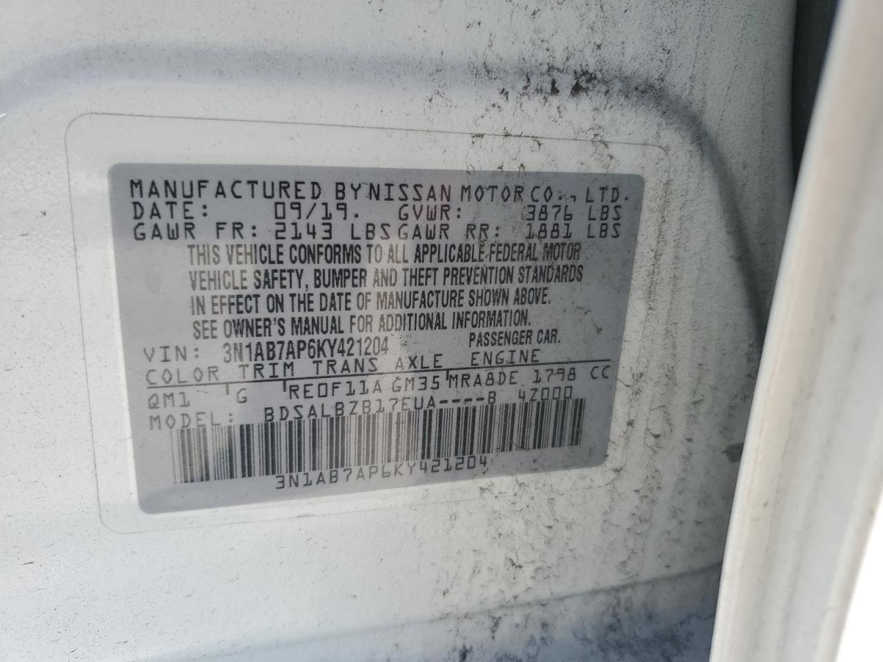 2019 Nissan Sentra VIN 3N1AB7AP6KY421204 Copart auction photo, rear end / side damage thumbnail 13