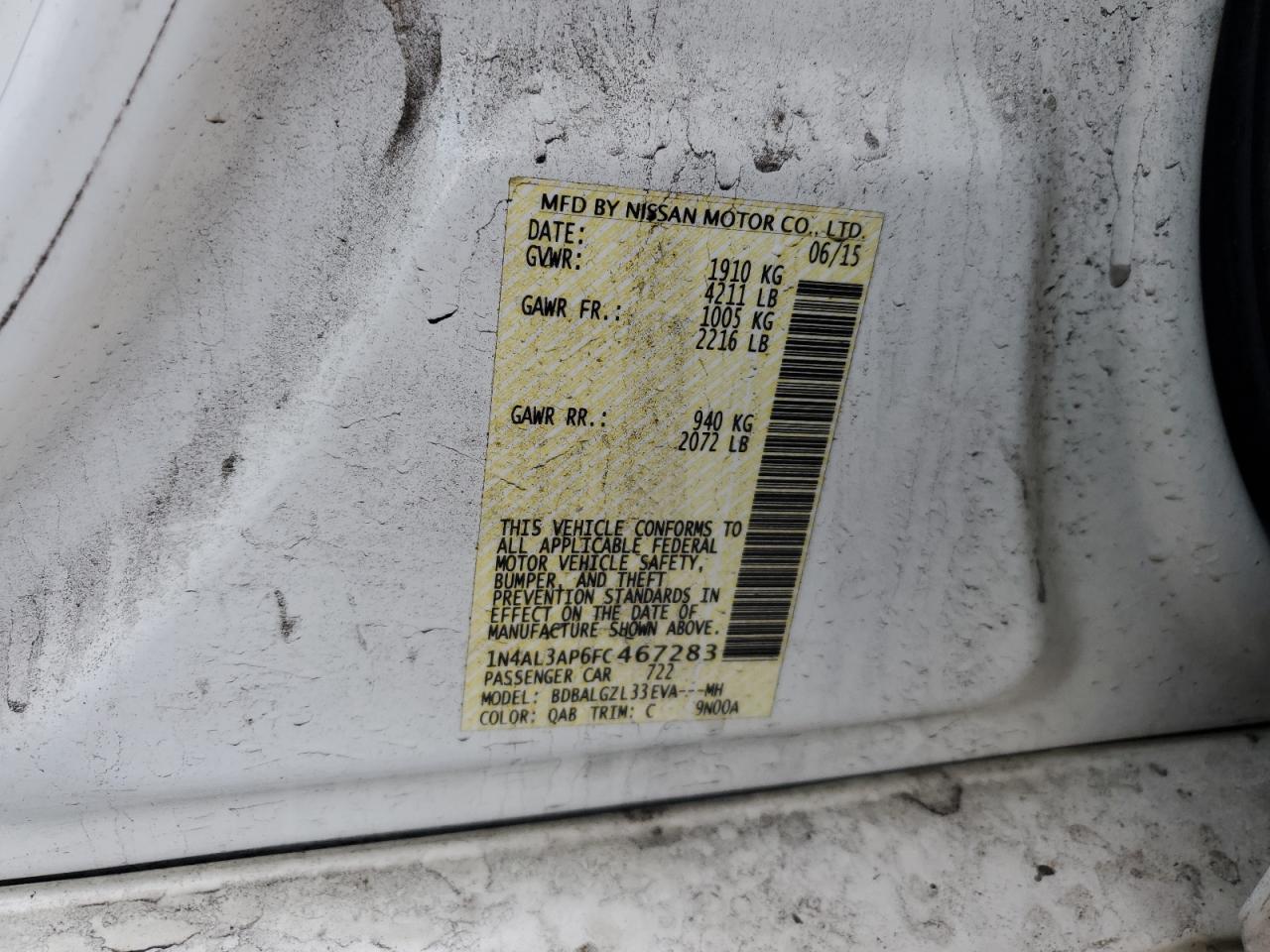 2015 Nissan Altima VIN 1N4AL3AP6FC467283 Copart auction photo, front end damage thumbnail 14