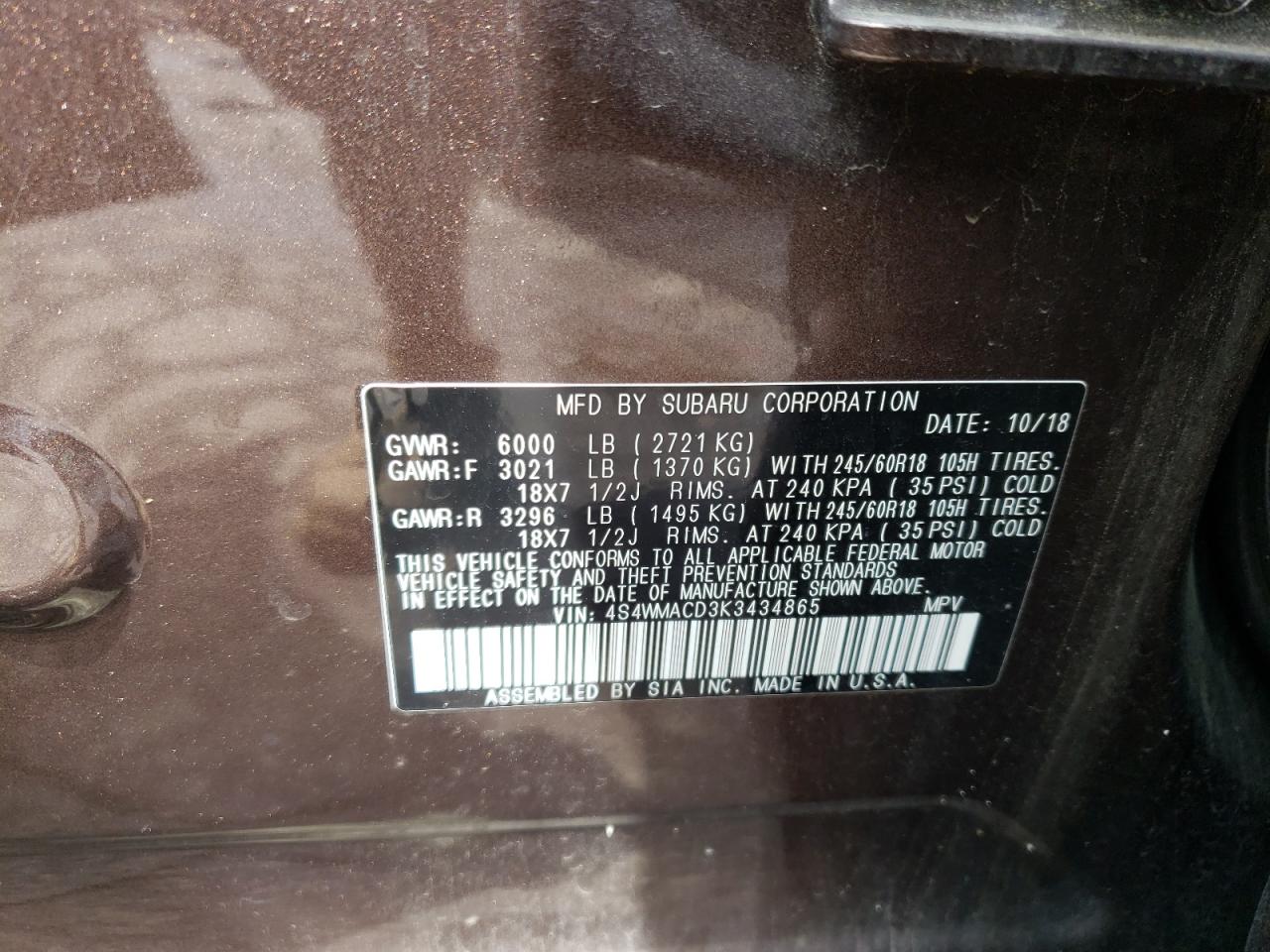 2019 Subaru Ascent VIN 4S4WMACD3K3434865 Copart auction photo, front end damage thumbnail 15
