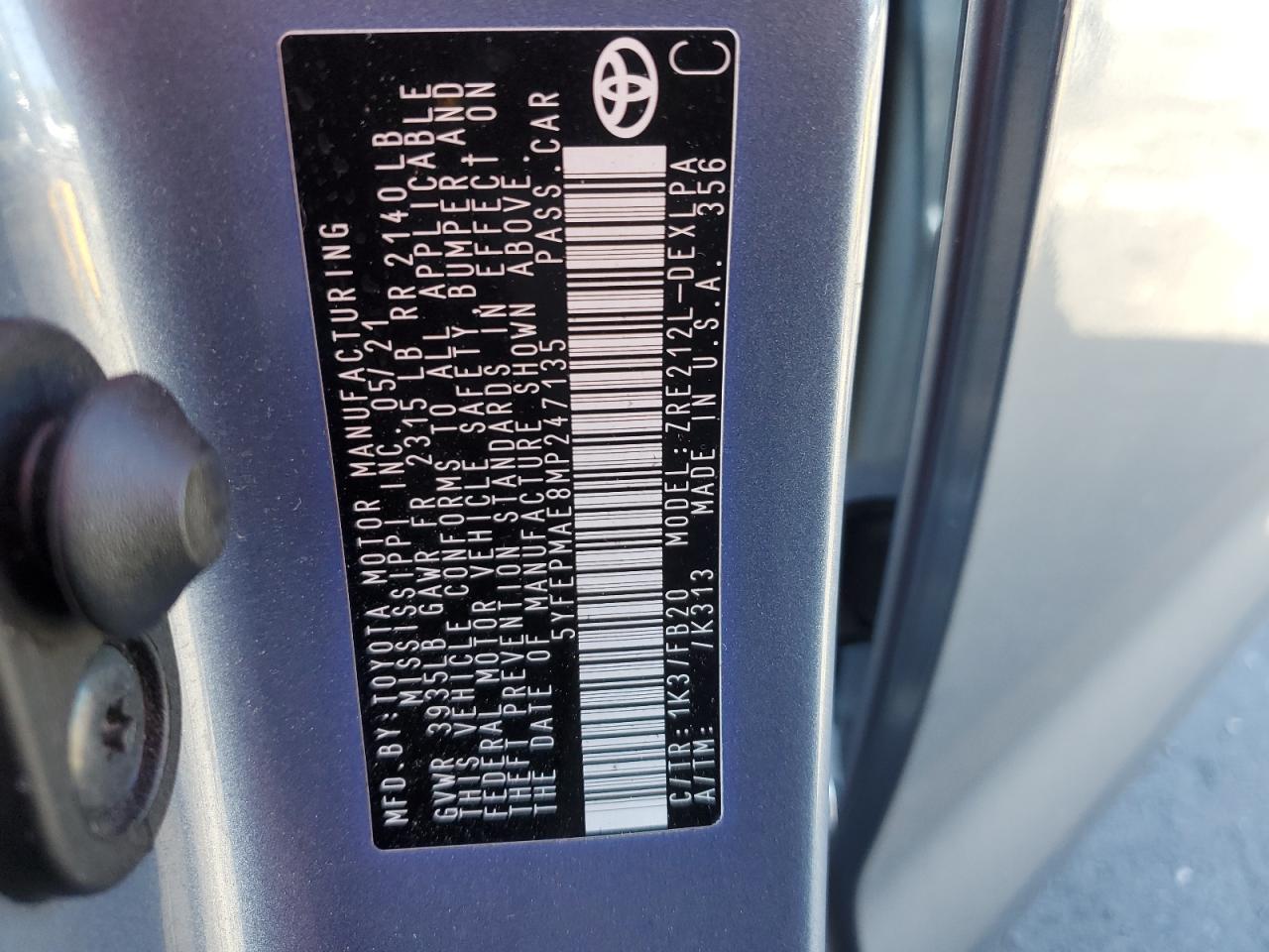 2021 Toyota Corolla VIN 5YFEPMAE8MP247135 Copart auction photo, rear end damage thumbnail 12