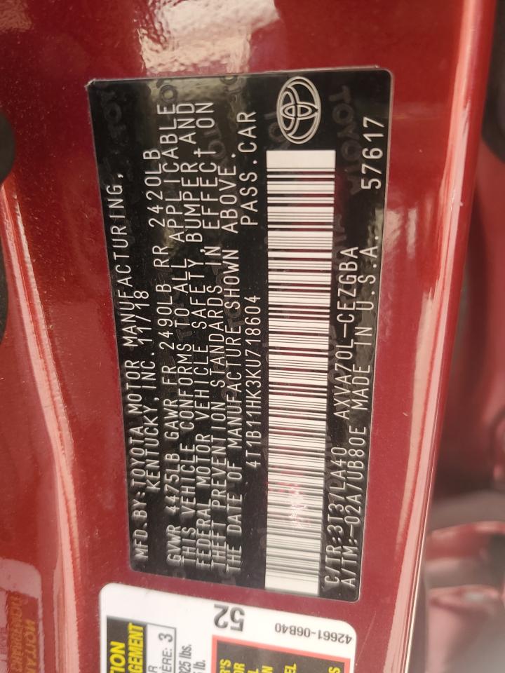 2019 Toyota Camry VIN 4T1B11HK3KU718604 Copart auction photo, hail damage thumbnail 12