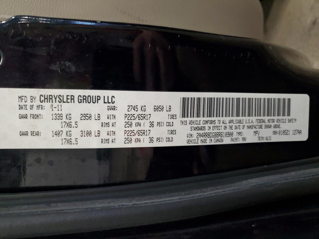 2011 Chrysler Town & Country VIN 2A4RR8DG8BR610900 Copart auction photo, front end / rear end damage thumbnail 15