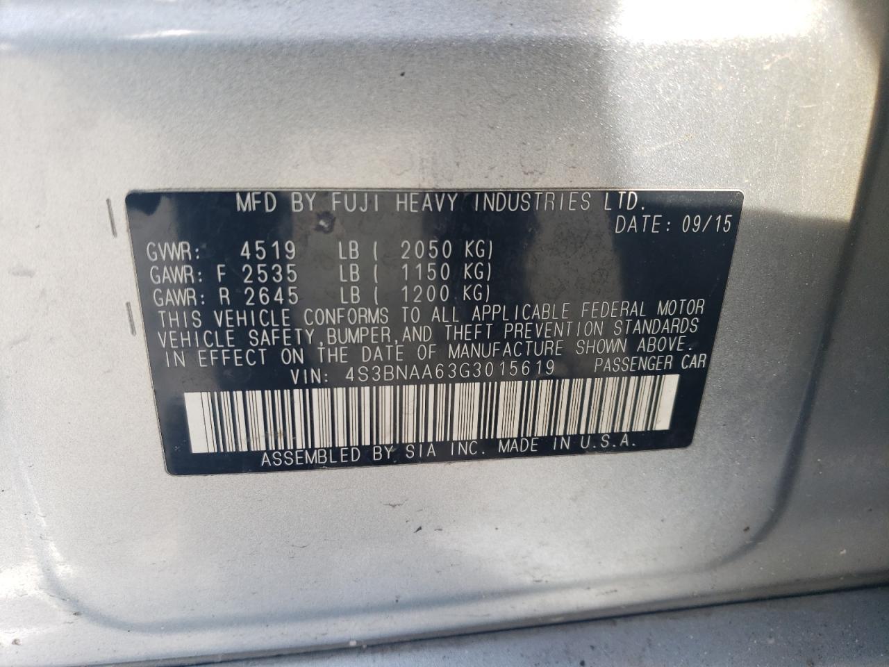 2016 Subaru Legacy VIN 4S3BNAA63G3015619 Copart auction photo, side / all over damage thumbnail 12