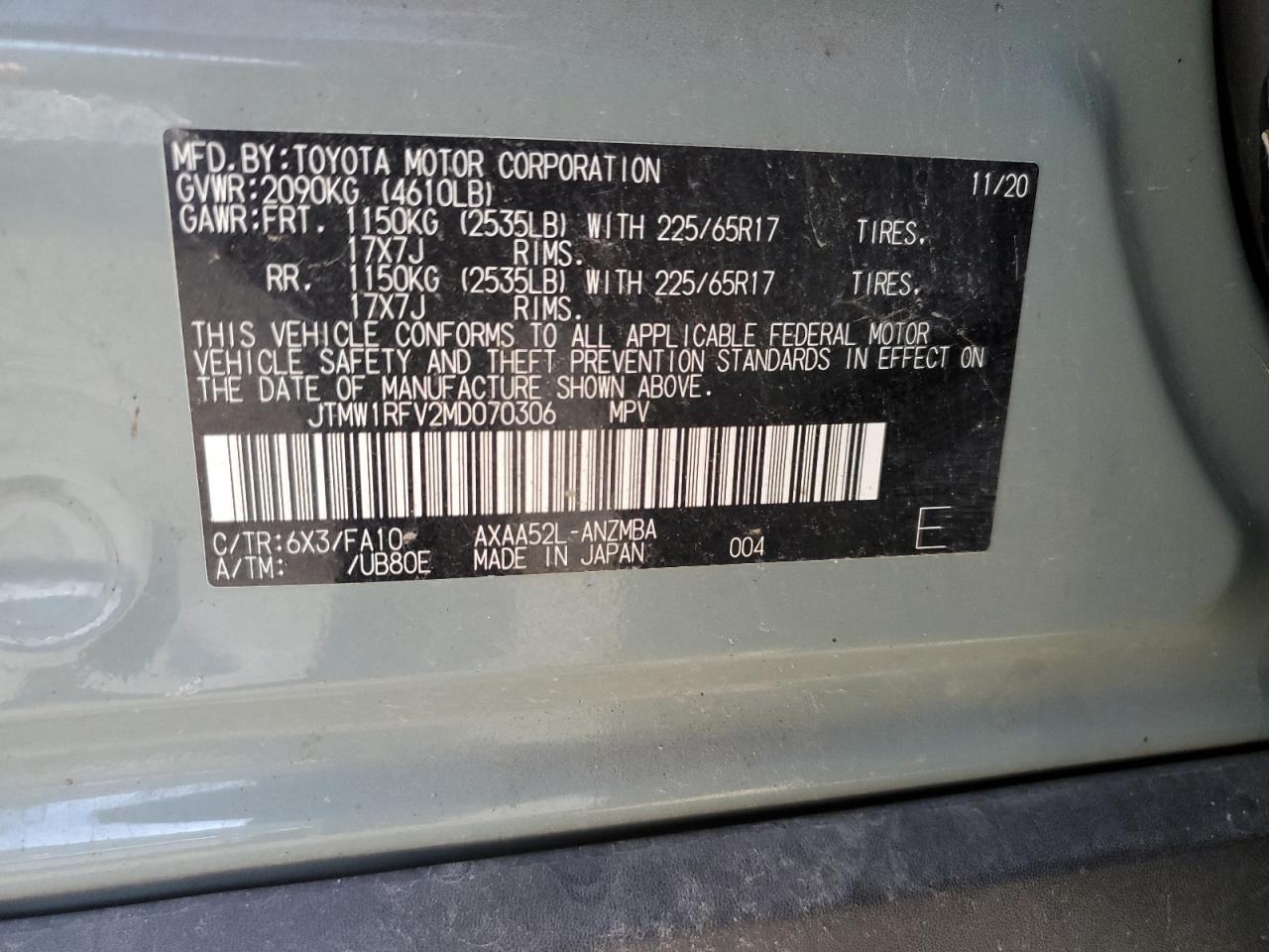 2021 Toyota RAV 4 VIN JTMW1RFV2MD070306 Copart auction photo, side damage thumbnail 15