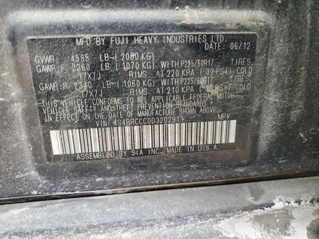2013 Subaru Outback VIN 4S4BRCCC0D3202911 Copart auction photo, rear end damage thumbnail 12