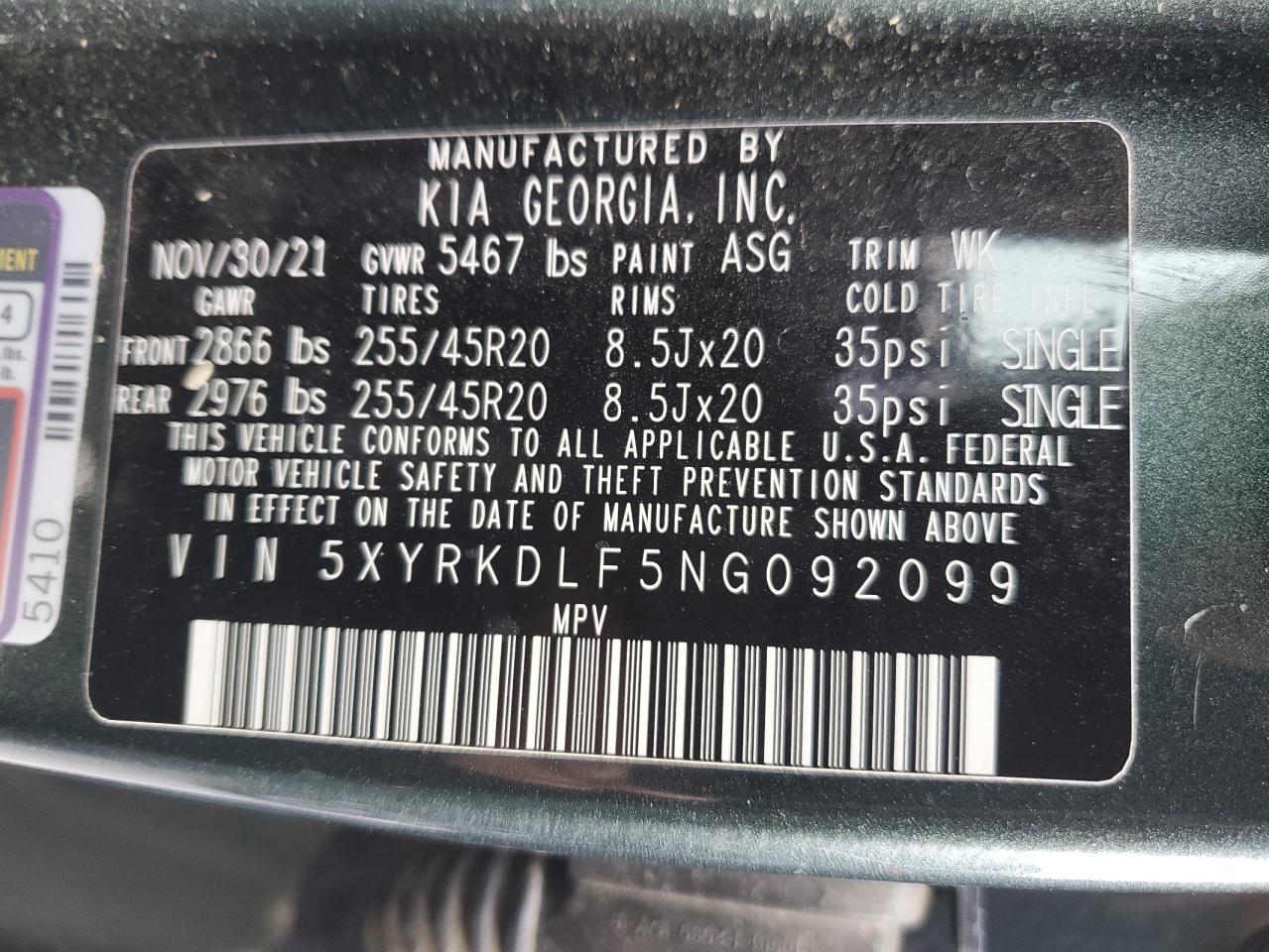 2022 KIA Sorento VIN 5XYRKDLF5NG092099 Copart auction photo, front end damage thumbnail 14