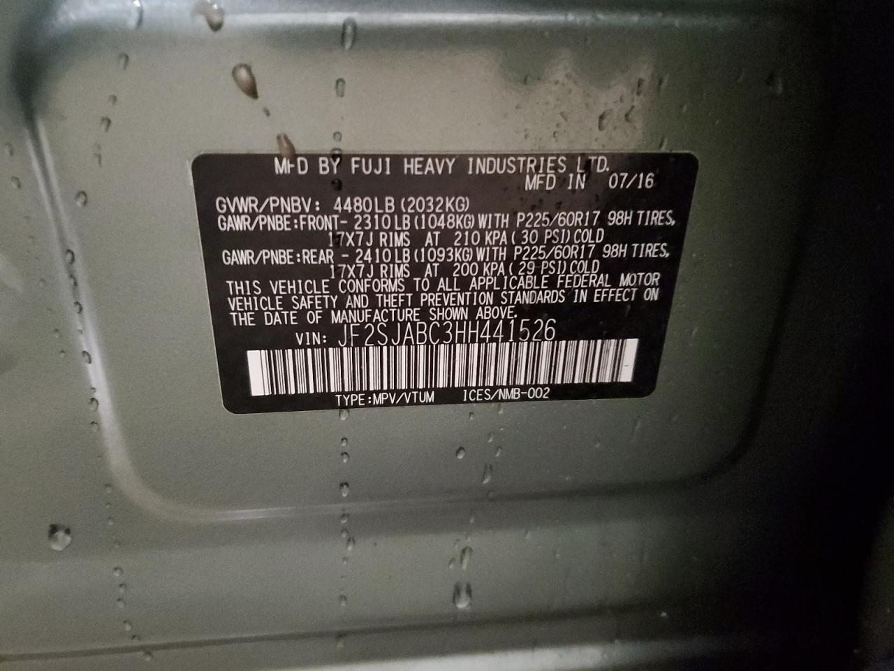 2017 Subaru Forester VIN JF2SJABC3HH441526 Copart auction photo, front end damage thumbnail 15