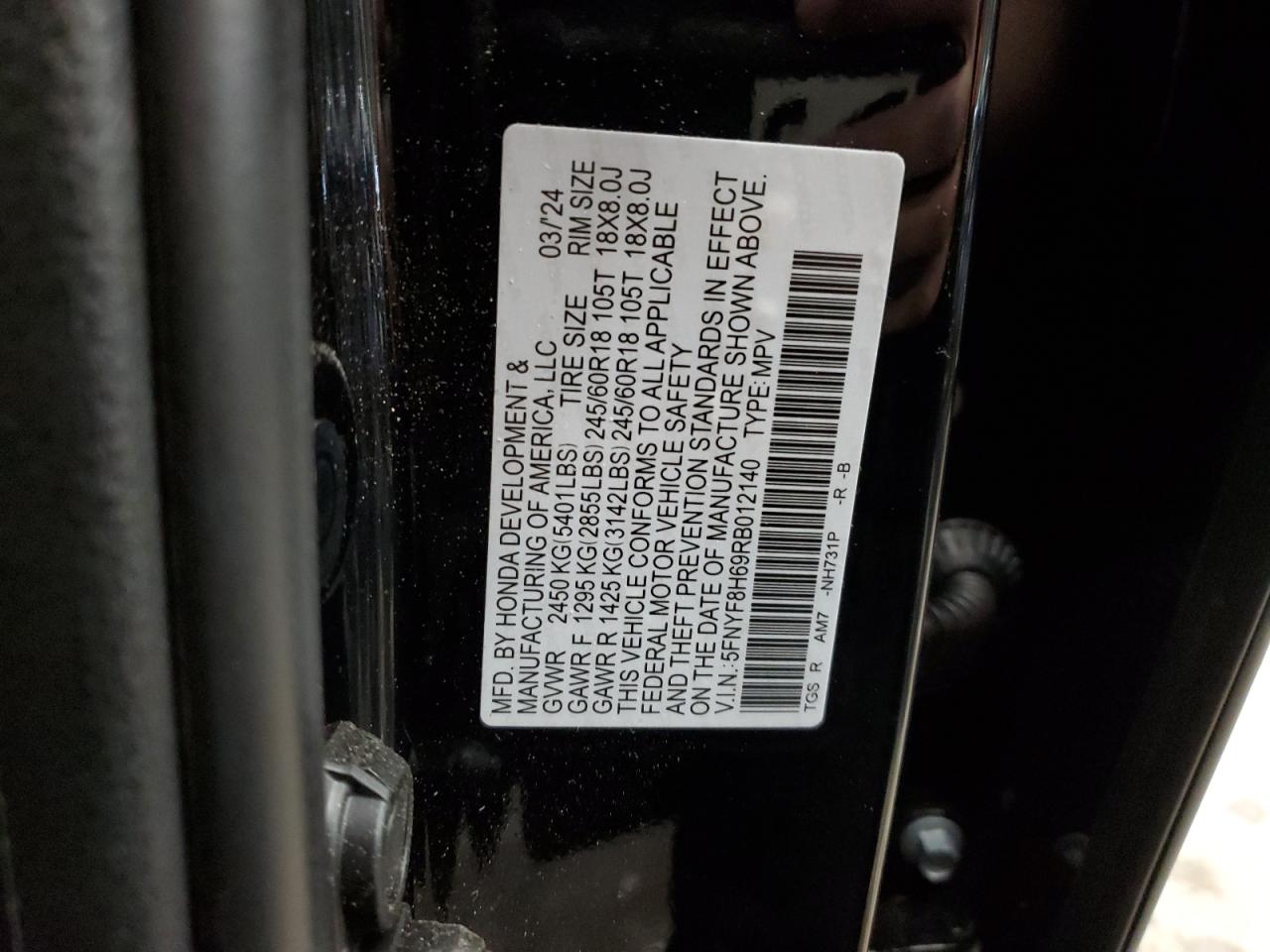 2024 Honda Passport VIN 5FNYF8H69RB012140 Copart auction photo, front end / undercarriage damage thumbnail 14