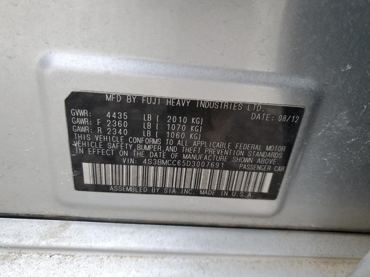 2013 Subaru Legacy VIN 4S3BMCC65D3007691 Copart auction photo, rear end damage thumbnail 12