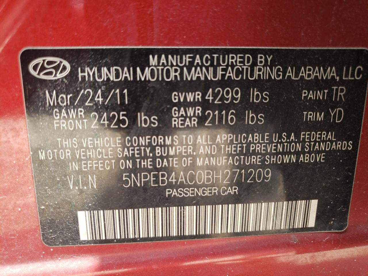 2011 Hyundai Sonata VIN 5NPEB4AC0BH271209 Copart auction photo, front end damage thumbnail 13
