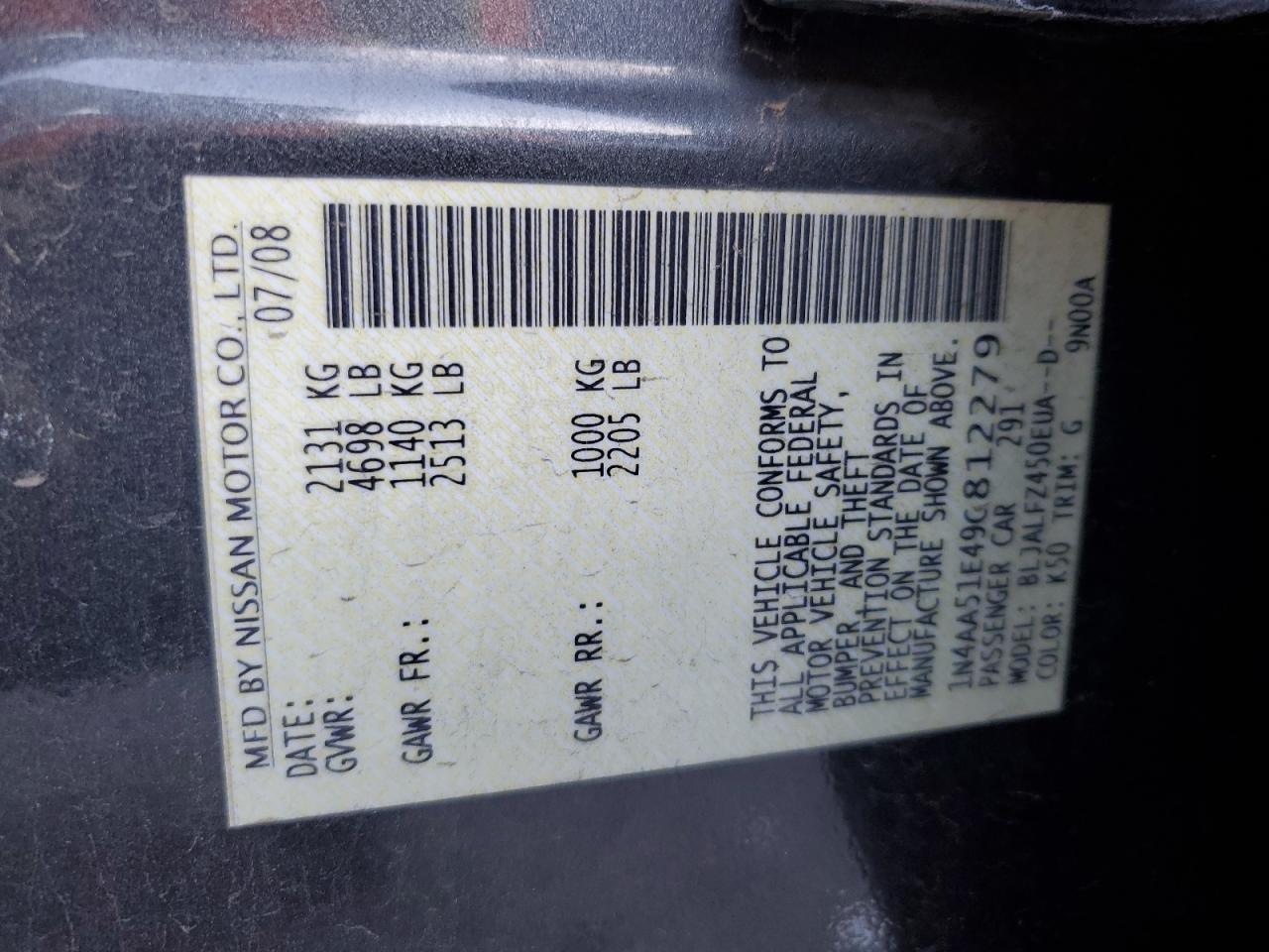 2009 Nissan Maxima VIN 1N4AA51E49C812279 Copart auction photo, front end damage thumbnail 13