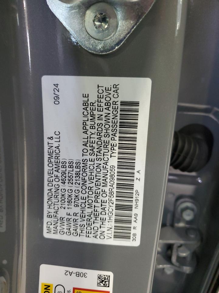2024 Honda Accord VIN 1HGCY2F58RA098059 Copart auction photo, rear end damage thumbnail 14