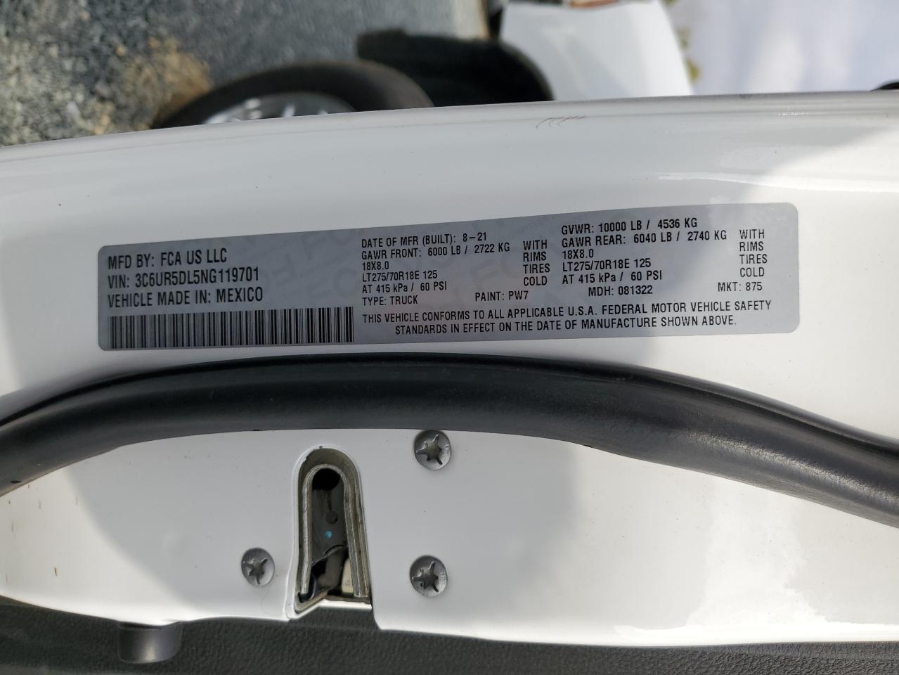 2022 RAM 2500 VIN 3C6UR5DL5NG119701 Copart auction photo, all over damage thumbnail 15
