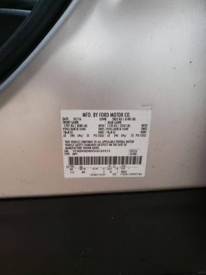 2016 Ford Explorer VIN 1FM5K8D80GGC23313 Copart auction photo, front end damage thumbnail 13
