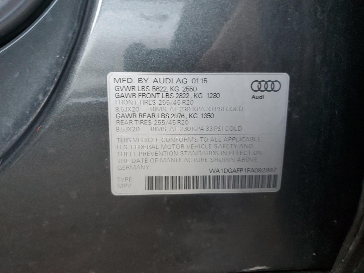 2015 Audi Q5 VIN WA1DGAFP1FA092997 Copart auction photo, stripped / rear end damage thumbnail 13
