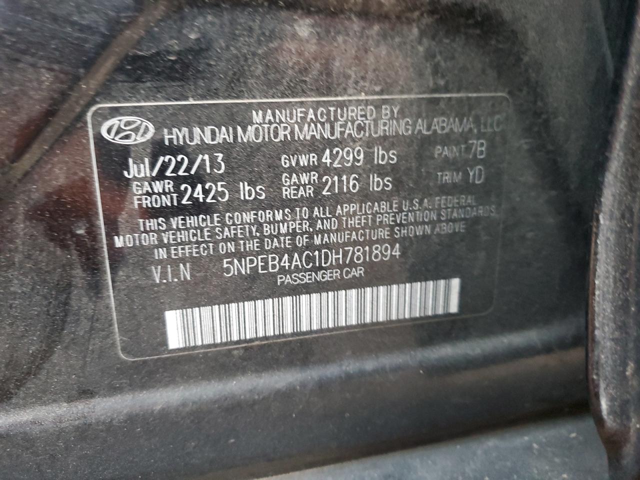 2013 Hyundai Sonata VIN 5NPEB4AC1DH781894 Copart auction photo, rear end damage thumbnail 13