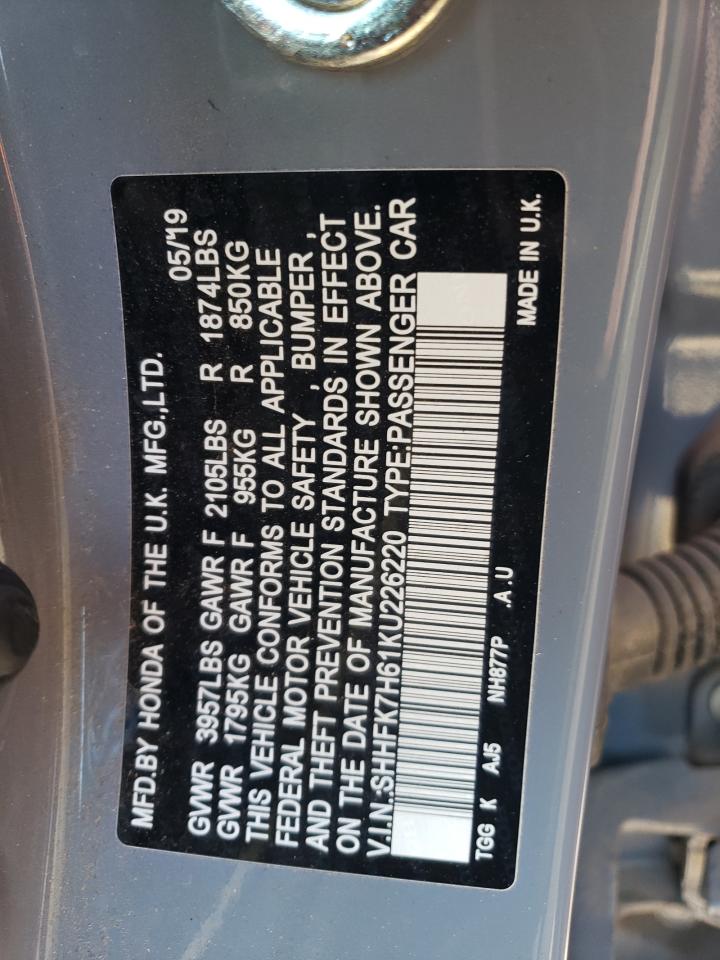 2019 Honda Civic VIN SHHFK7H61KU226220 Copart auction photo, side damage thumbnail 13