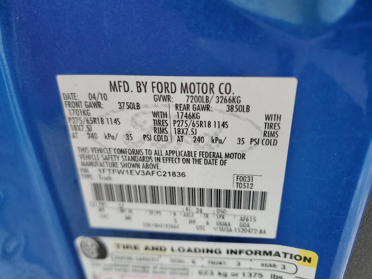 2010 Ford F-150 VIN 1FTFW1EV3AFC21836 Copart auction photo, front end damage thumbnail 13