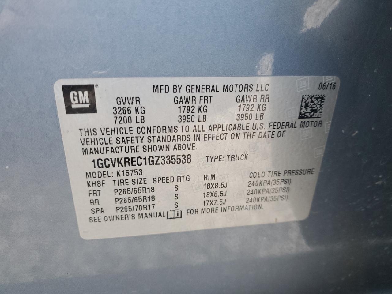 2016 Chevrolet Silverado VIN 1GCVKREC1GZ335538 Copart auction photo, front end damage thumbnail 15