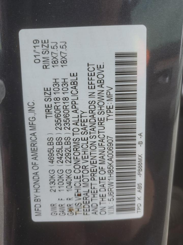 2019 Honda CR-V VIN 5J6RW1H85KA006907 Copart auction photo, front end damage thumbnail 14
