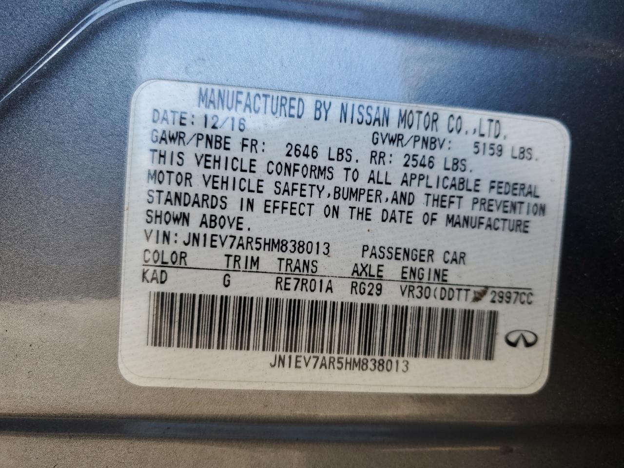 2017 Infiniti Q50 VIN JN1EV7AR5HM838013 Copart auction photo, front end / rear end damage thumbnail 13