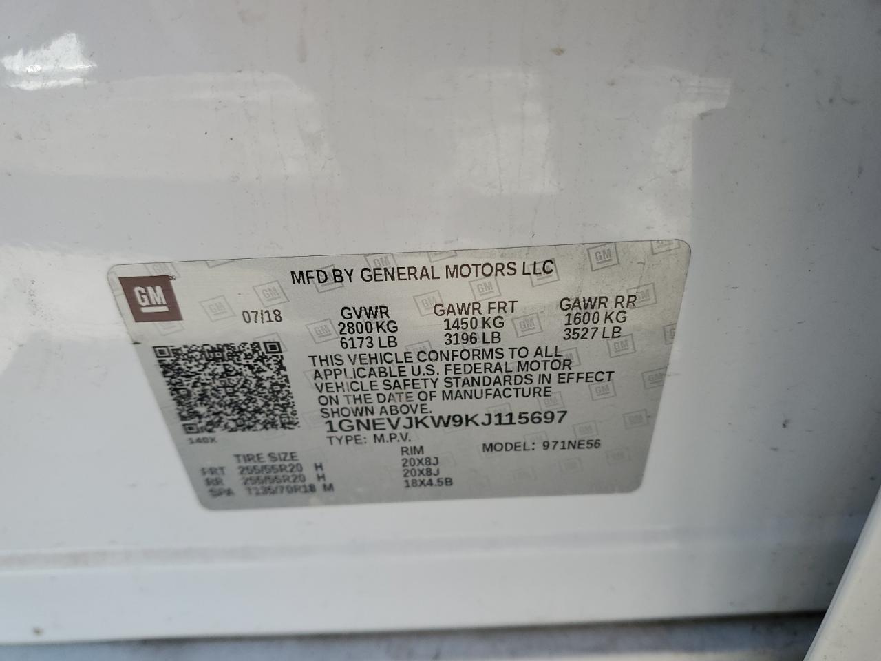 2019 Chevrolet Traverse VIN 1GNEVJKW9KJ115697 Copart auction photo, rear end / minor dent/scratches damage thumbnail 13