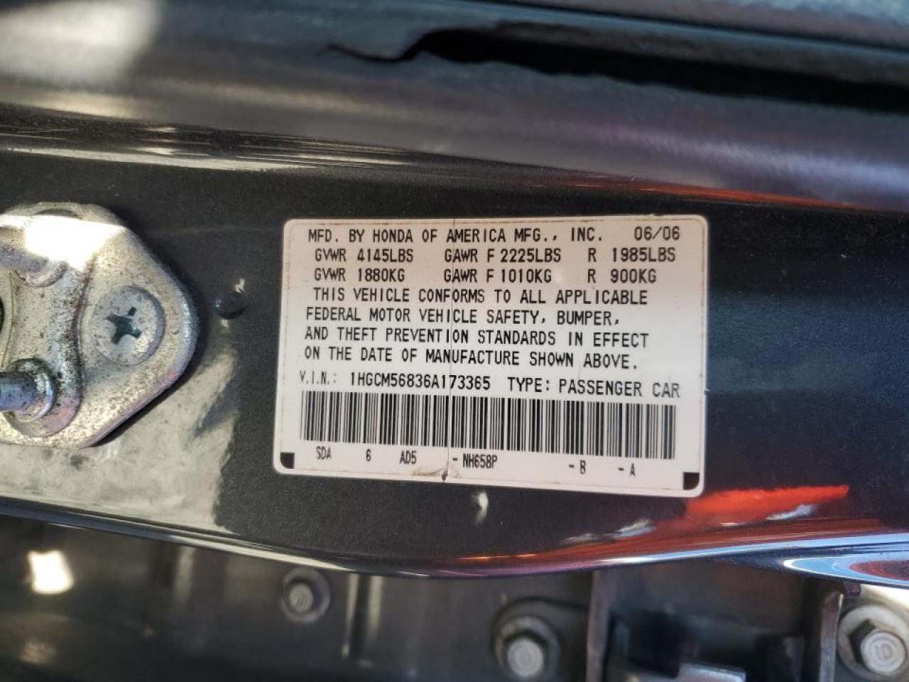 2006 Honda Accord VIN 1HGCM56836A173365 Copart auction photo, front end damage thumbnail 15